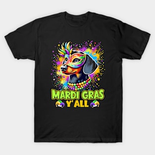 Dachshund Dog Mardi Gras Yall With Beads Mask Colorful T-Shirt